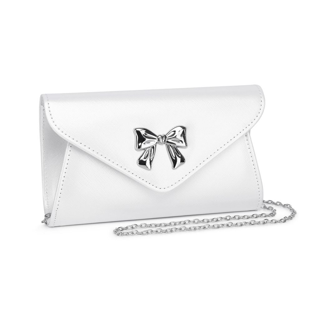 White PU Leather Clutch – Muduo Metal Bow Formal Wedding Handbag